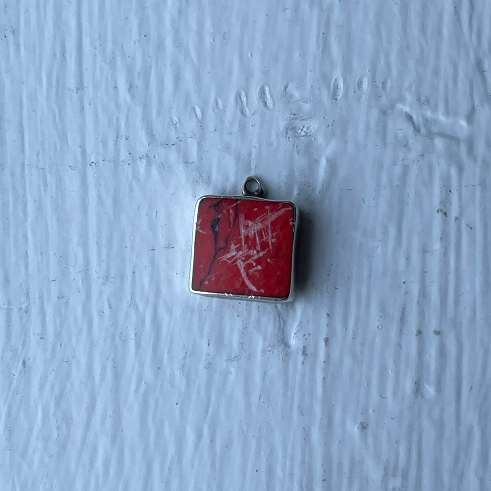 Chunky 925 Silver Square Pendant Red White Black Abstract Stone